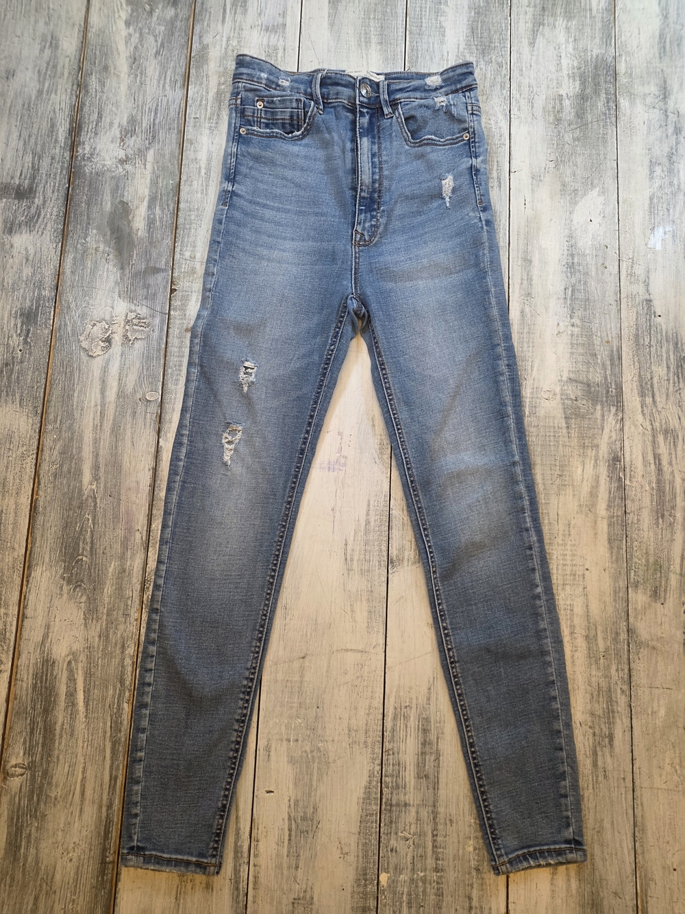 Stradivarius Women's Super High Waist/Rise Blue Distressed Ankle Skinny Jeans 6